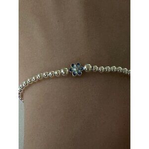 925 Sterling Silver Stretch Stacking Bracelet Blue Flower Charm Minimalist